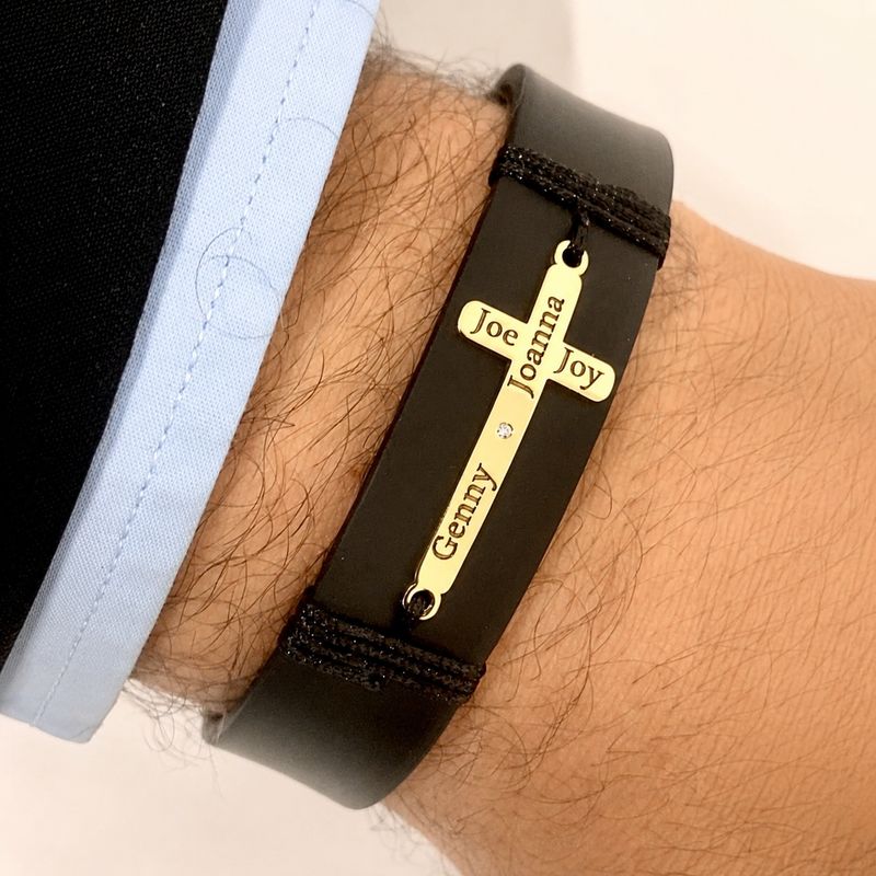 Personalized Cross, Names Diamond, Rubber Bracelet
