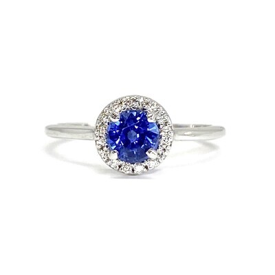 Round 0.5 ct Blue Sapphire, Halo Diamond Ring