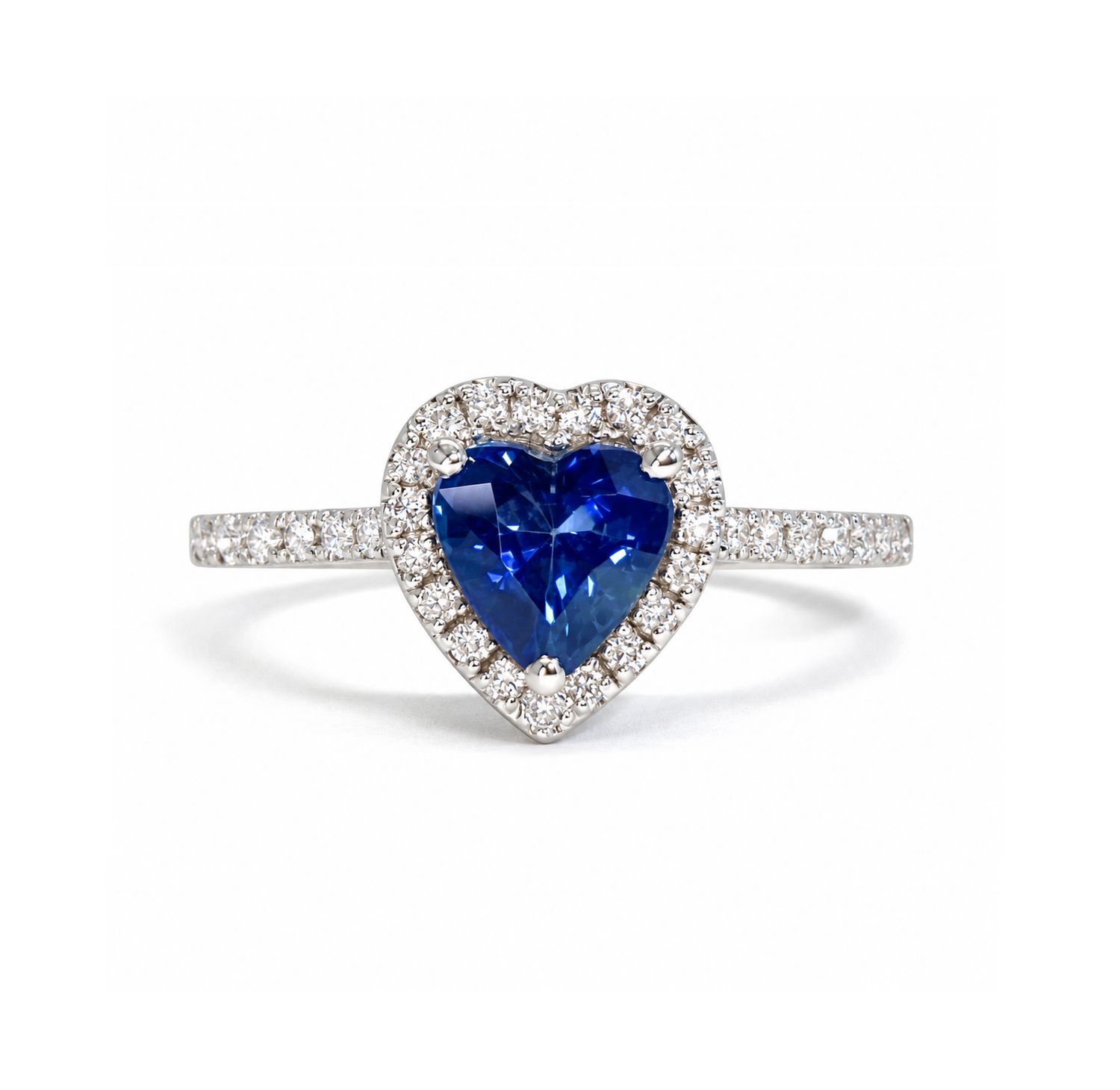 Heart Shaped 1 ct Blue Sapphire, Full Halo Diamond Ring