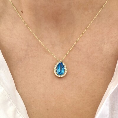 Pear Shaped 3 ct Topaz, Diamond Necklace