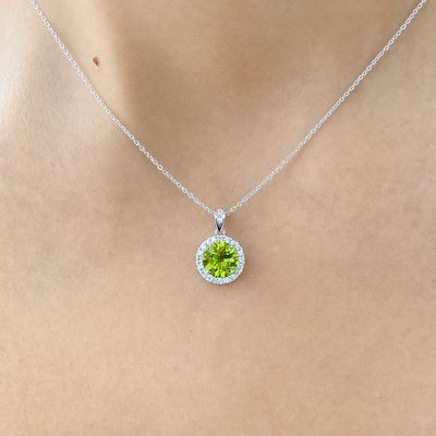Round 2 ct Peridot, Halo Diamond Necklace