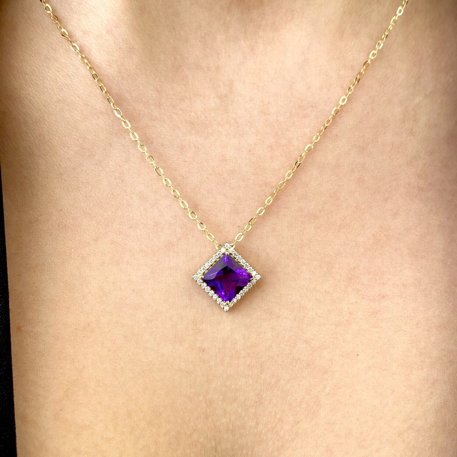 Princess Cut 3.5 ct Amethyst, Halo Style Diamond Necklace