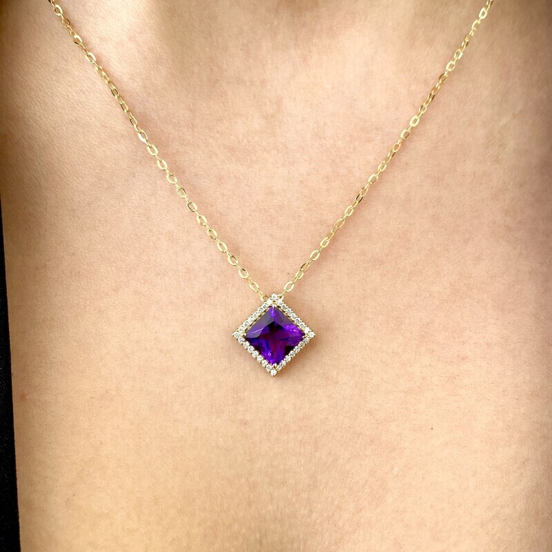 Princess Cut 3.5 ct Amethyst, Halo Style Diamond Necklace