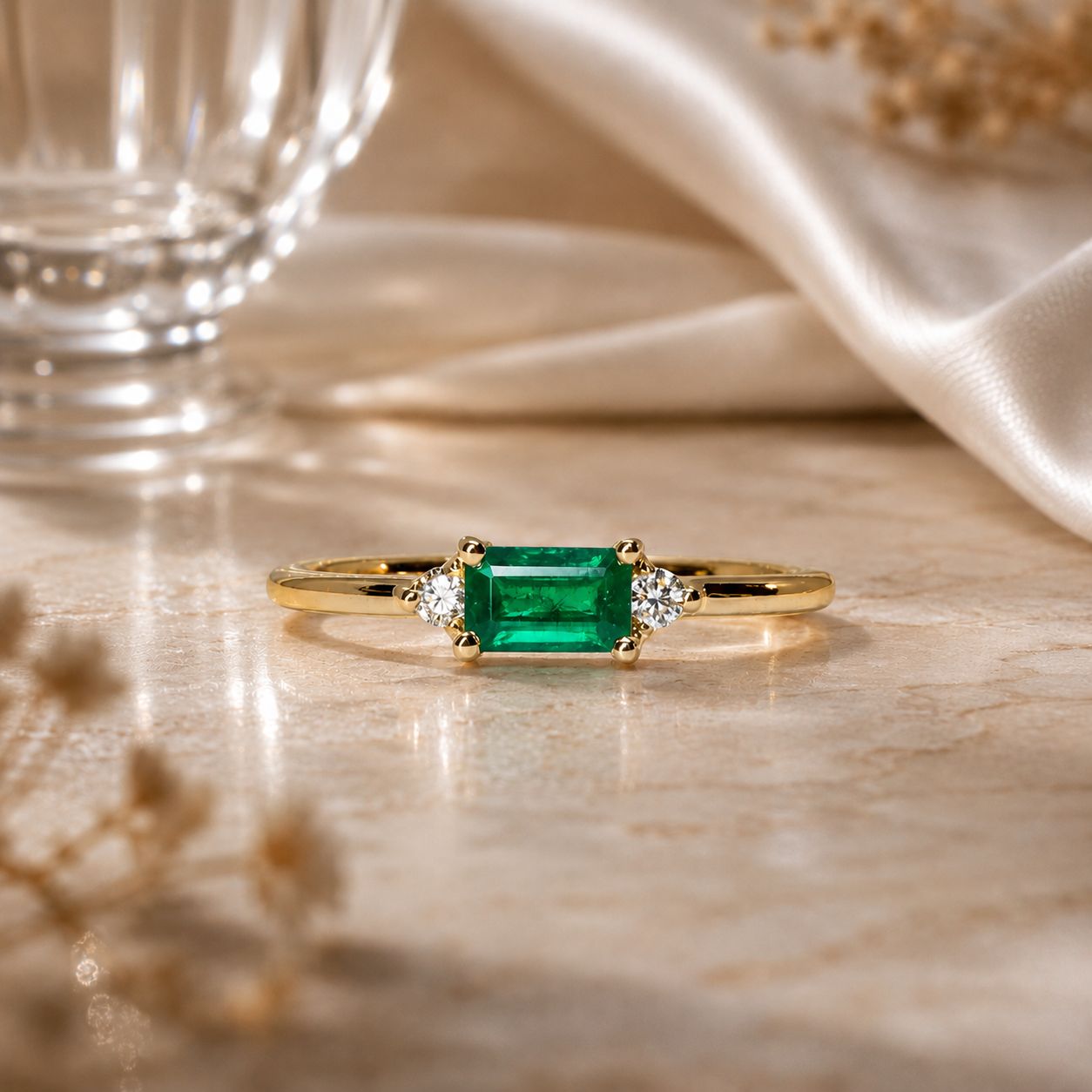 Emerald Cut 0.35 ct Emerald, Diamond Ring
