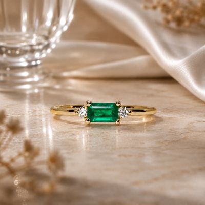 Emerald Cut 0.35 ct Emerald, Diamond Ring