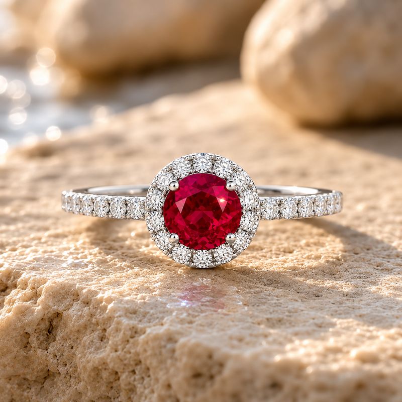 Round 0.5 ct Ruby, Full Halo Style Diamond Ring
