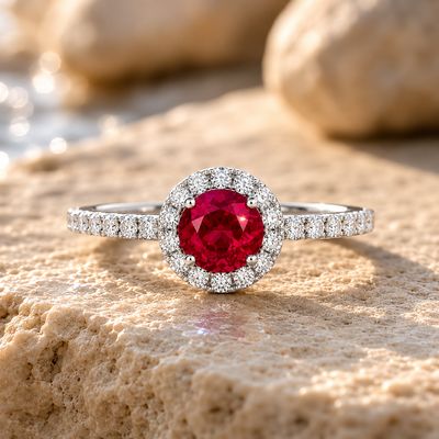 Round 0.5 ct Ruby, Full Halo Style Diamond Ring