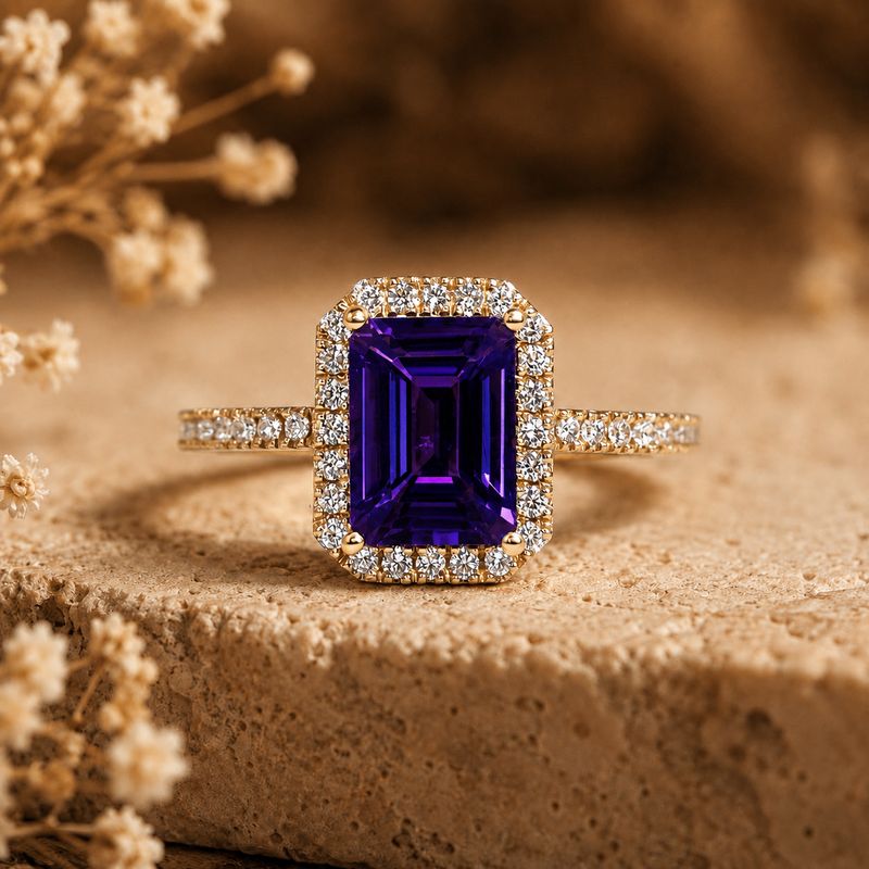 Emerald Cut 2 ct Amethyst, Full Halo Style, Diamond Ring