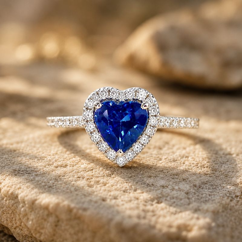 Heart Shaped 1 ct Blue Sapphire, Halo Style Diamond Ring