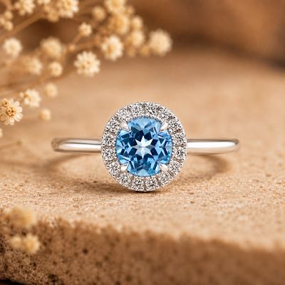 Round 0.5 ct Blue Topaz Halo Style, Diamond Ring