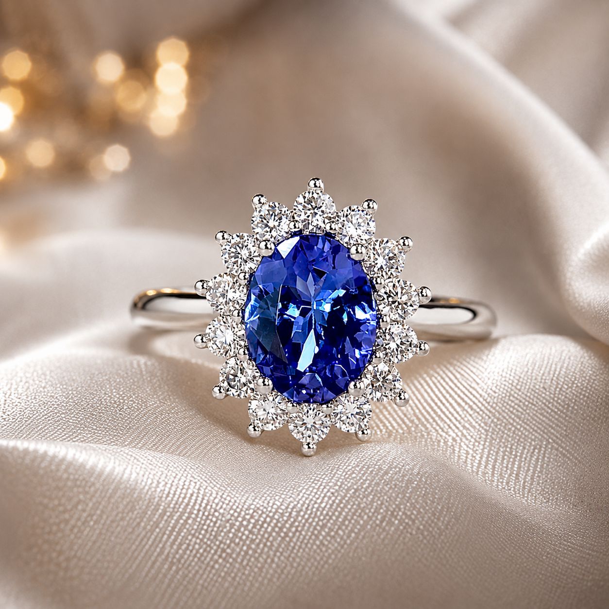 Oval Shaped 1.5ct Tanzanite, Lady D Style, Diamond Ring