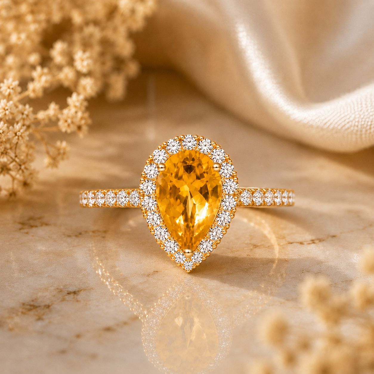Pear Shaped 1.5 ct Citrine, Full Halo, Diamond Ring
