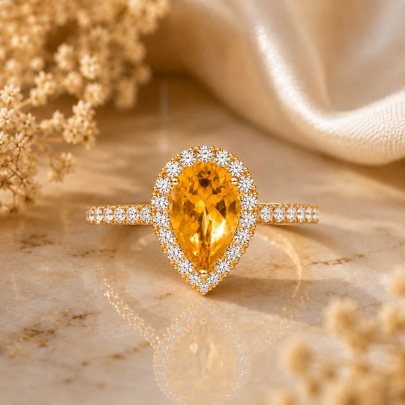 Pear Shaped 1.5 ct Citrine, Full Halo, Diamond Ring
