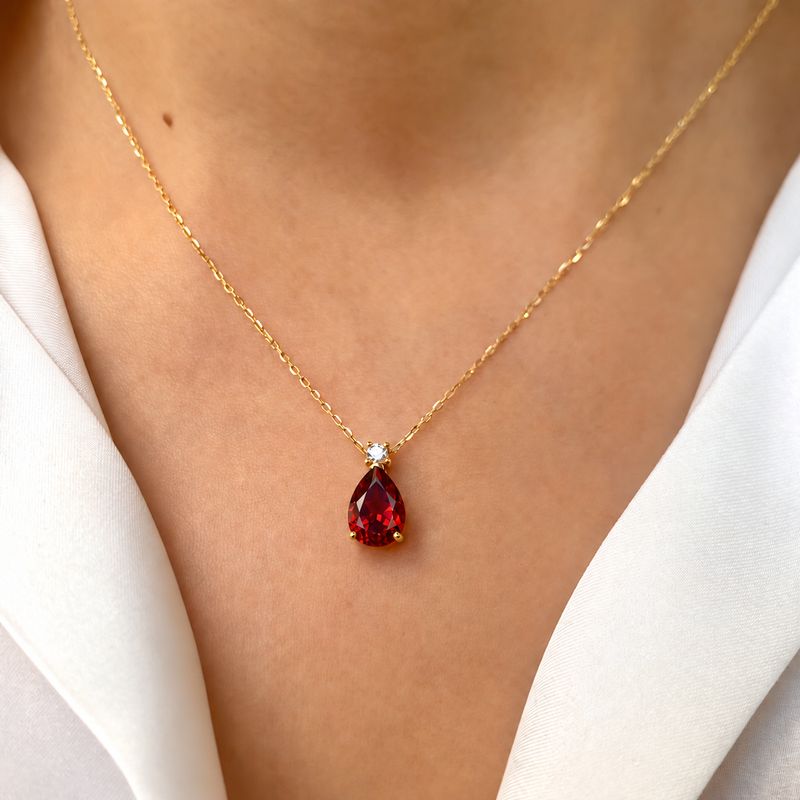Pear Shaped 3 ct Red Garnet, Diamond Necklace