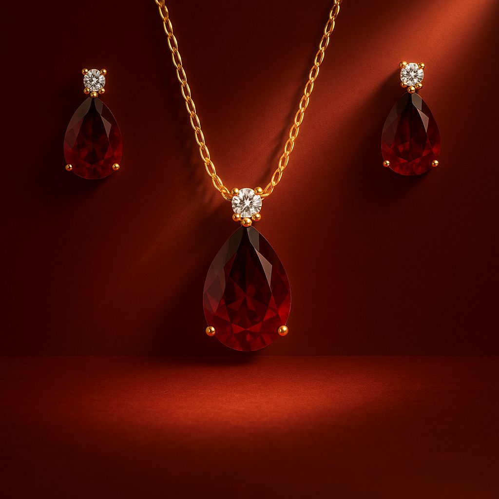 Single Diamond Style, Pear Shaped, Red Garnet, Diamond Set