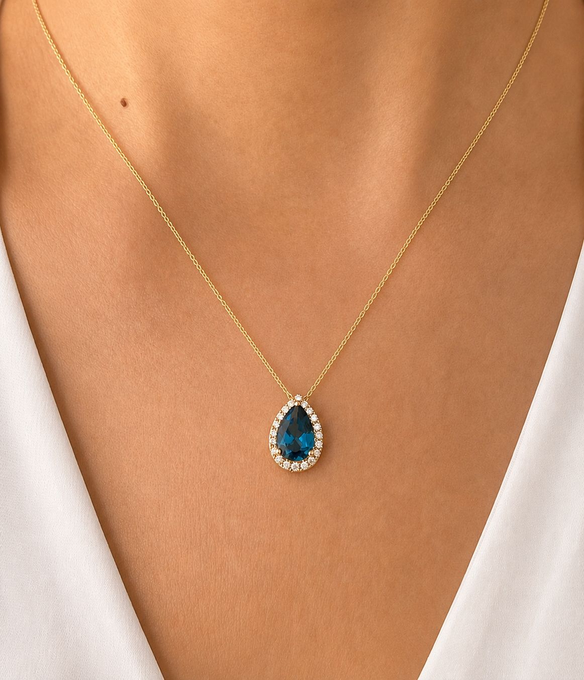 Pear Shaped 2 ct London Blue Topaz, Diamond Necklace