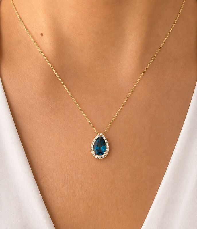 Pear Shaped 2 ct London Blue Topaz, Diamond Necklace