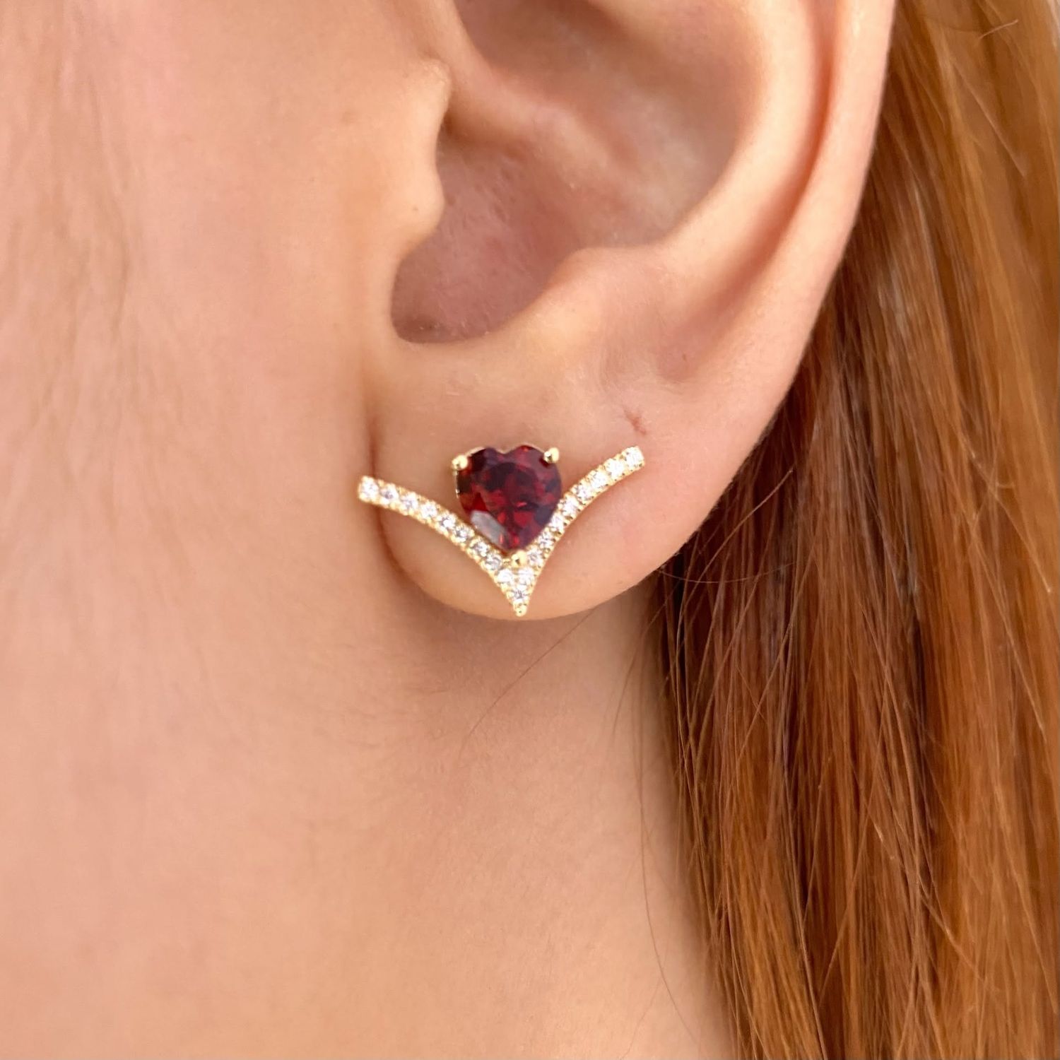 V-Shaped Red Garnet Diamond Earrings