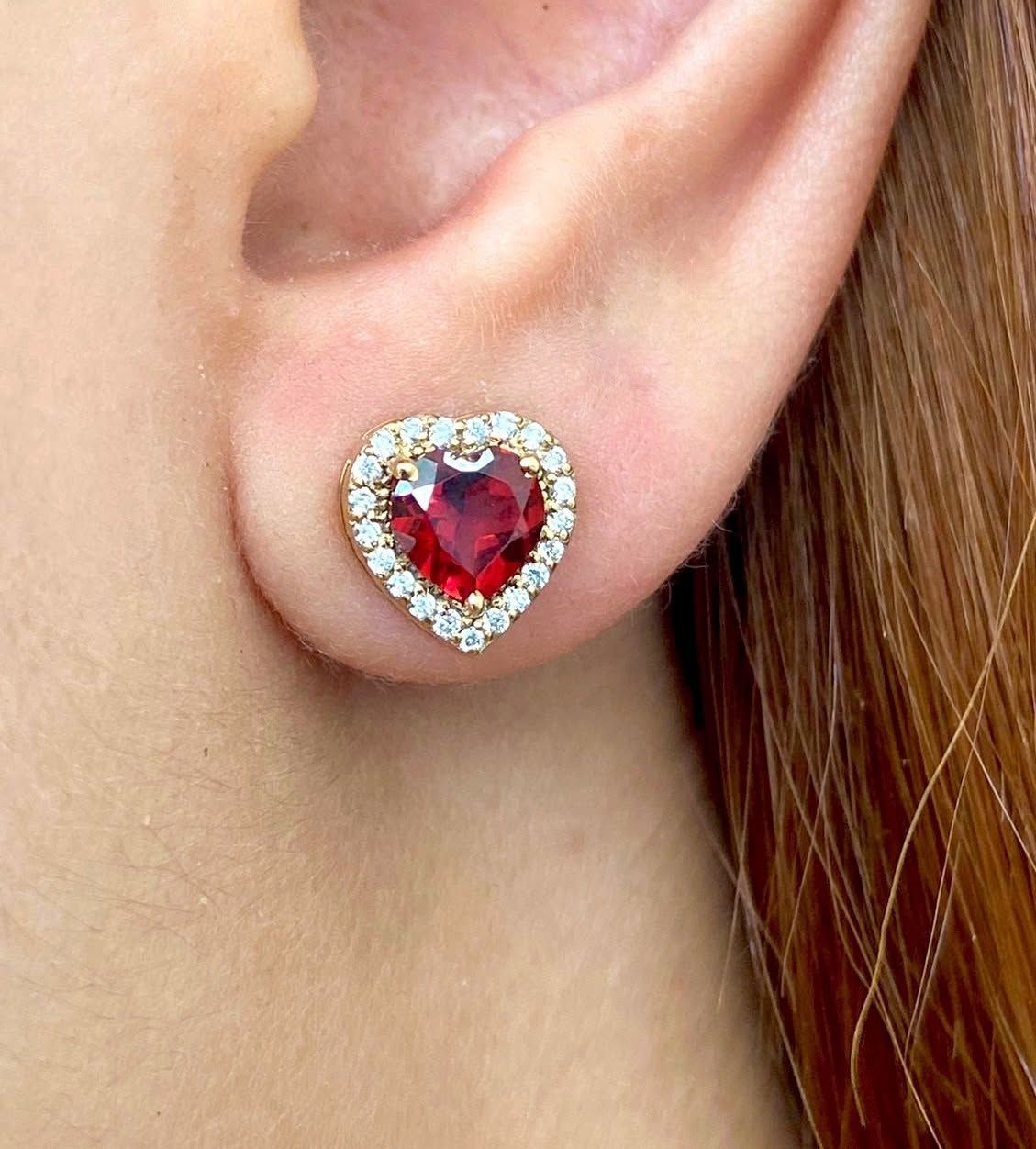 Heart Shaped Red Garnet Diamond Earrings