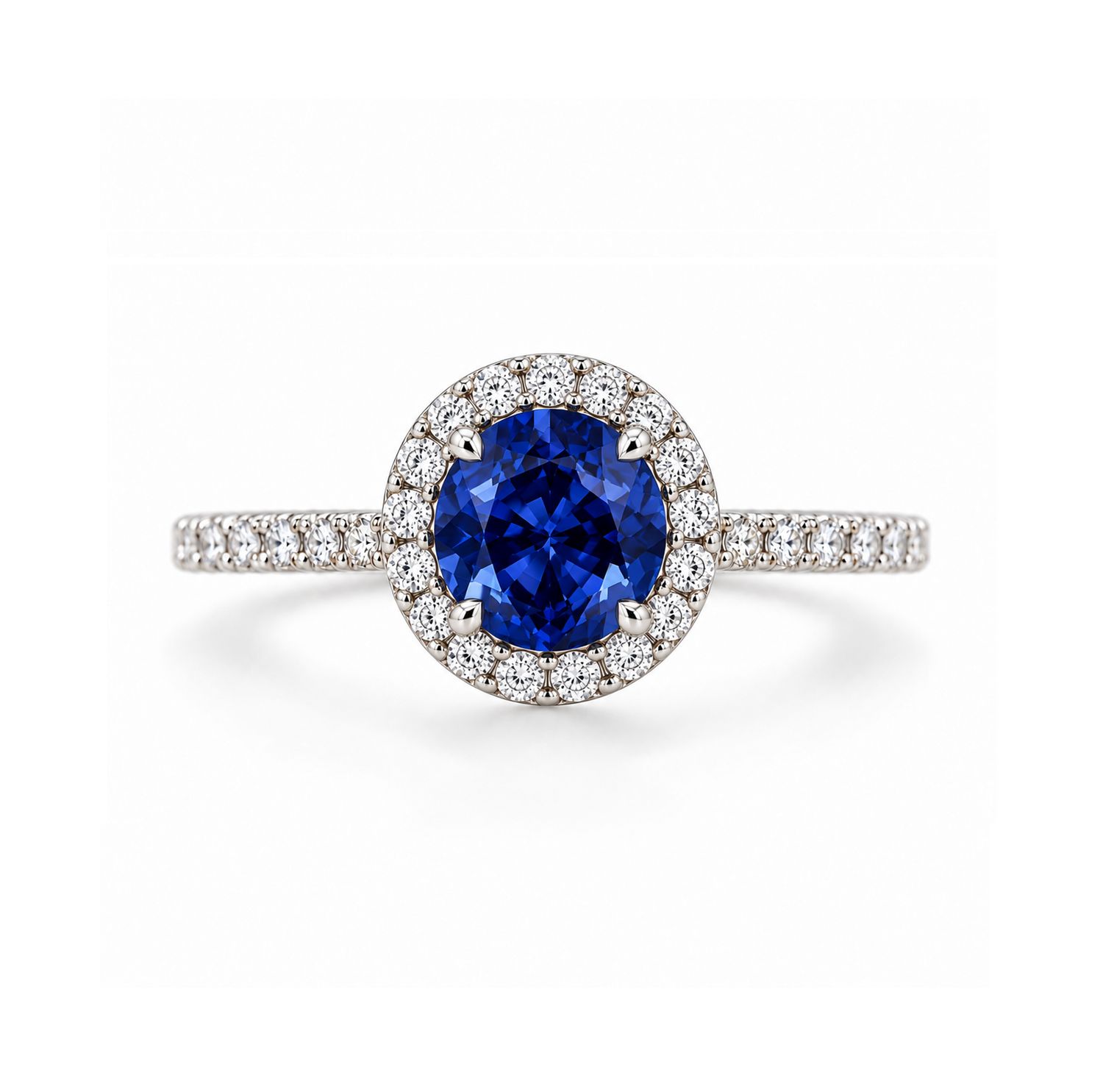 Round Shaped 1 ct Blue Sapphire, Full Halo Diamond Ring