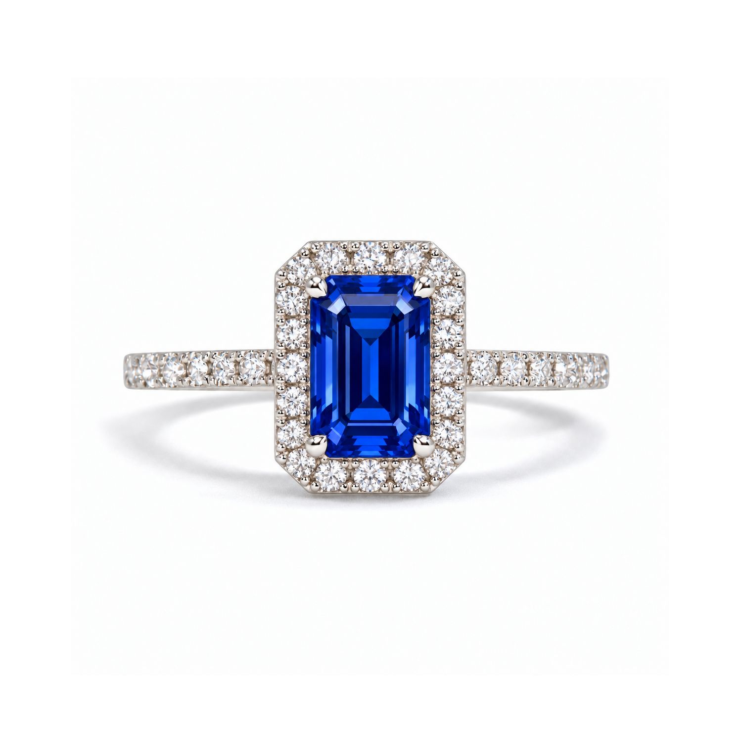 Emerald Cut 1 ct Blue Sapphire, Full Halo Diamond Ring