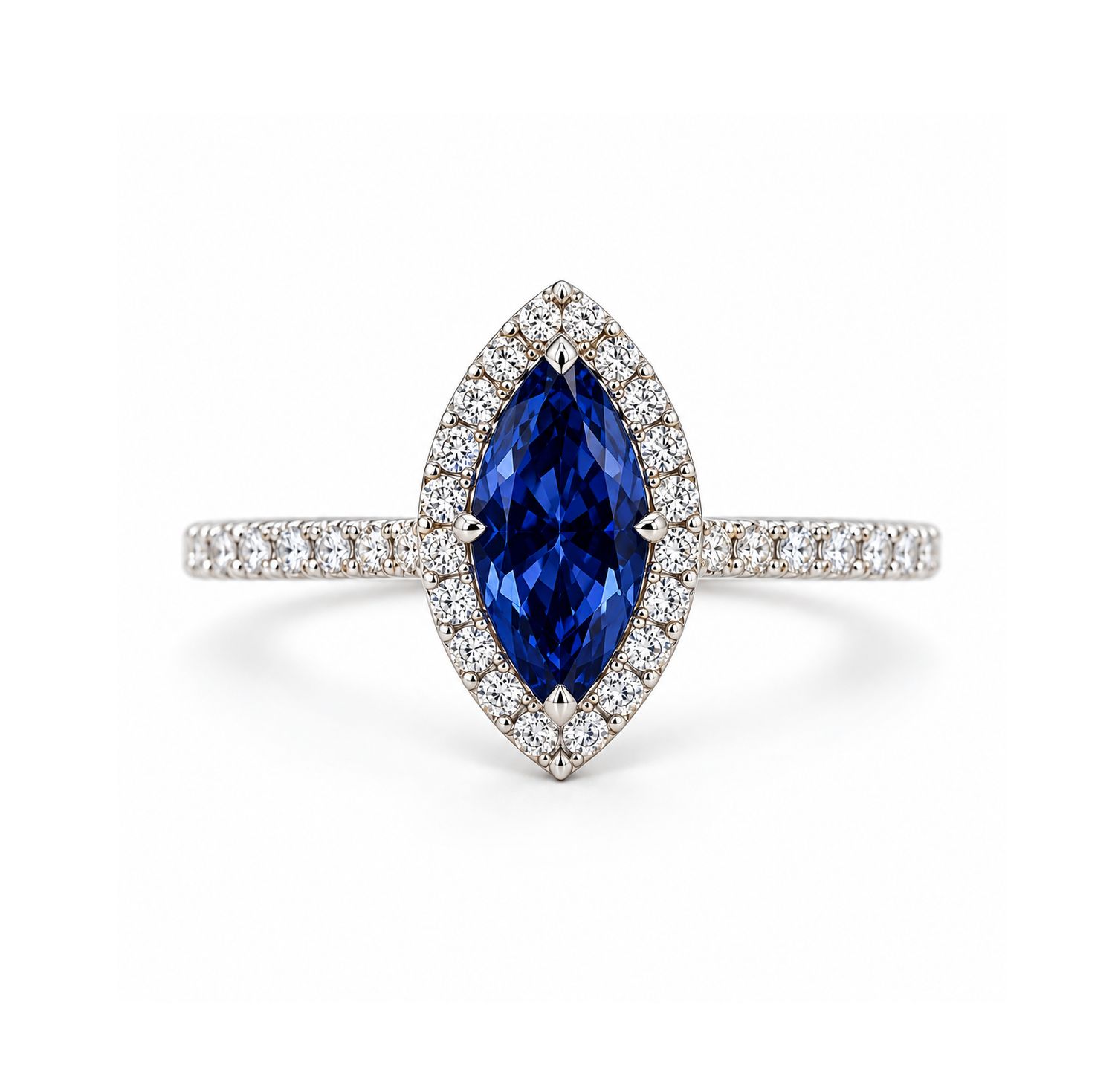 Marquise Shaped 1 ct Blue Sapphire, Full Halo Diamond Ring