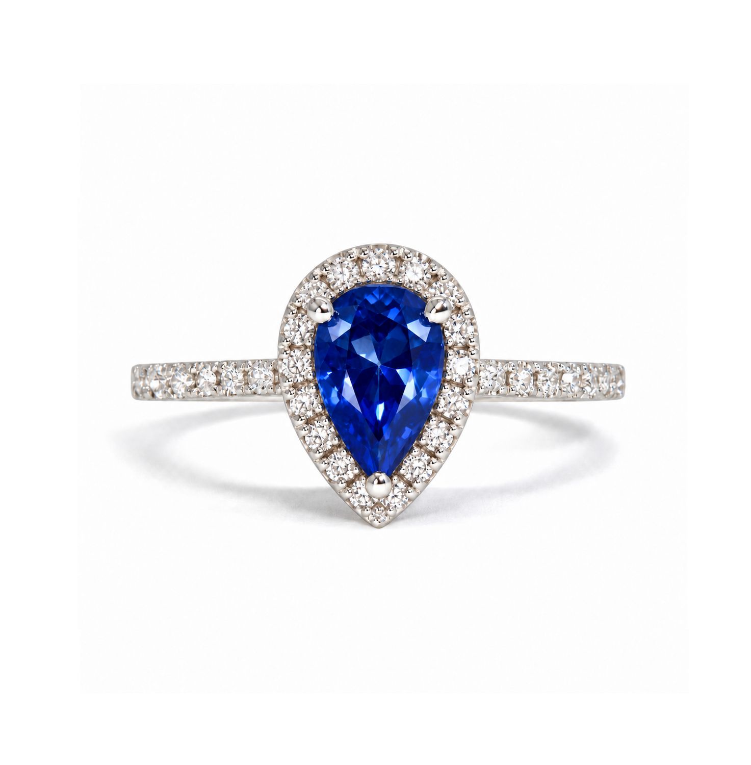 Pear Shaped 1 ct Blue Sapphire, Full Halo Diamond Ring
