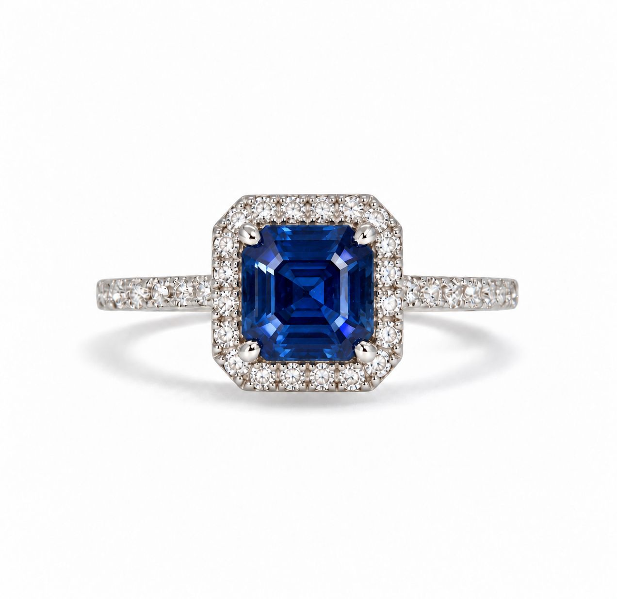 Asscher Shaped 1 ct Blue Sapphire, Full Halo Diamond Ring