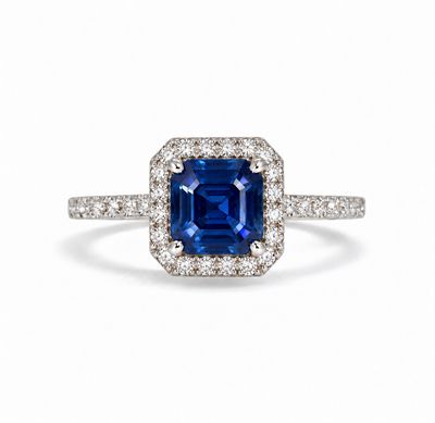 Asscher Shaped 1 ct Blue Sapphire, Full Halo Diamond Ring