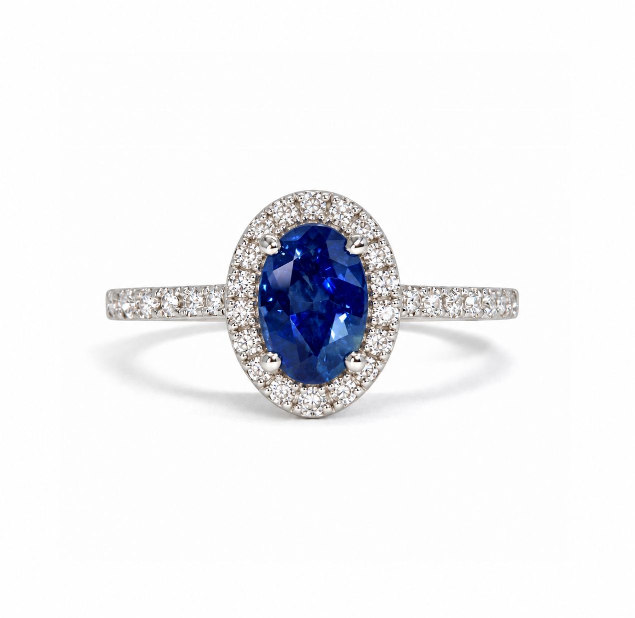 Oval Shaped 1 ct Blue Sapphire, Full Halo Diamond Ring