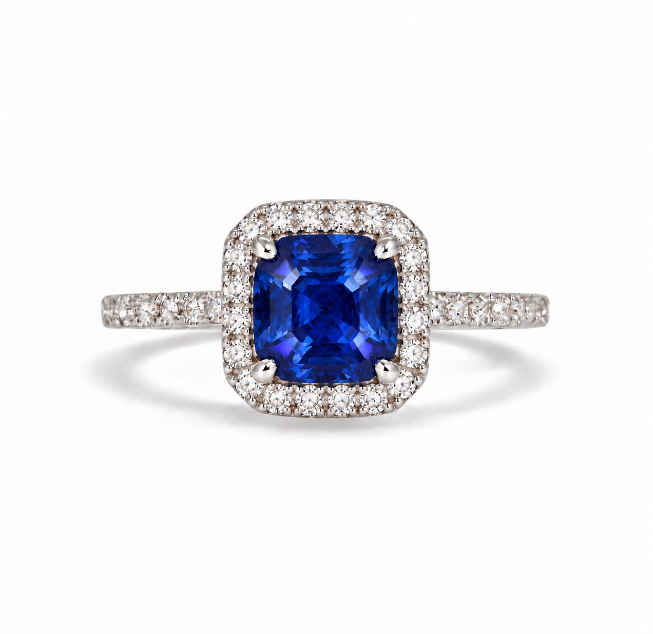 Cushion Shaped 1 ct Blue Sapphire, Full Halo Diamond Ring