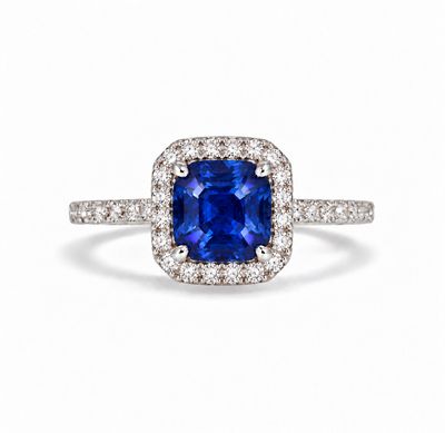 Cushion Shaped 1 ct Blue Sapphire, Full Halo Diamond Ring