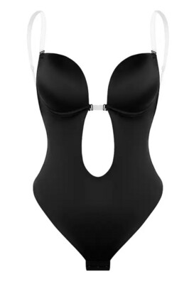 No Show Microfiber Clear Strap Plunge Thong Bodysuit