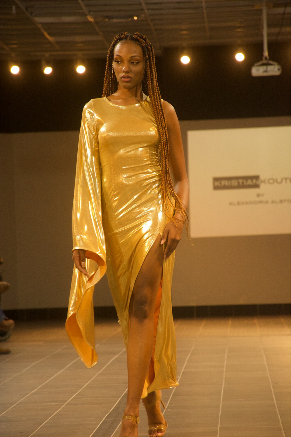 Liquid Gold One Shoulder Bell Sleeve Dress