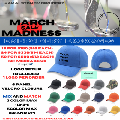 March Madness Embroidery 6 Panel Velcro Hat Package