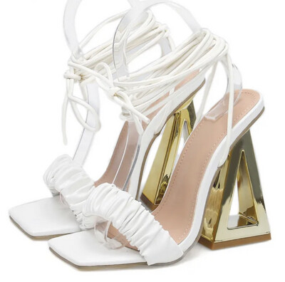 Gloria Gold Heel Gladiator Lace Up Sandal | White