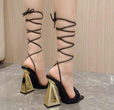 Gloria Gold Heel Gladiator Lace Up Sandal | Black