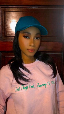 Pink “First Things First” Green Embroidery Crewneck