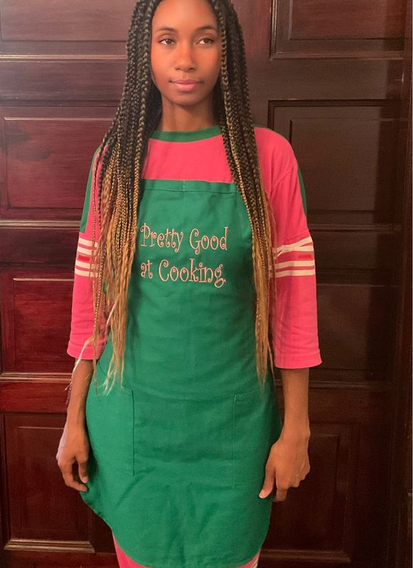 “ Pretty Good at Cooking “ Pink and Green Kitchen Apron 