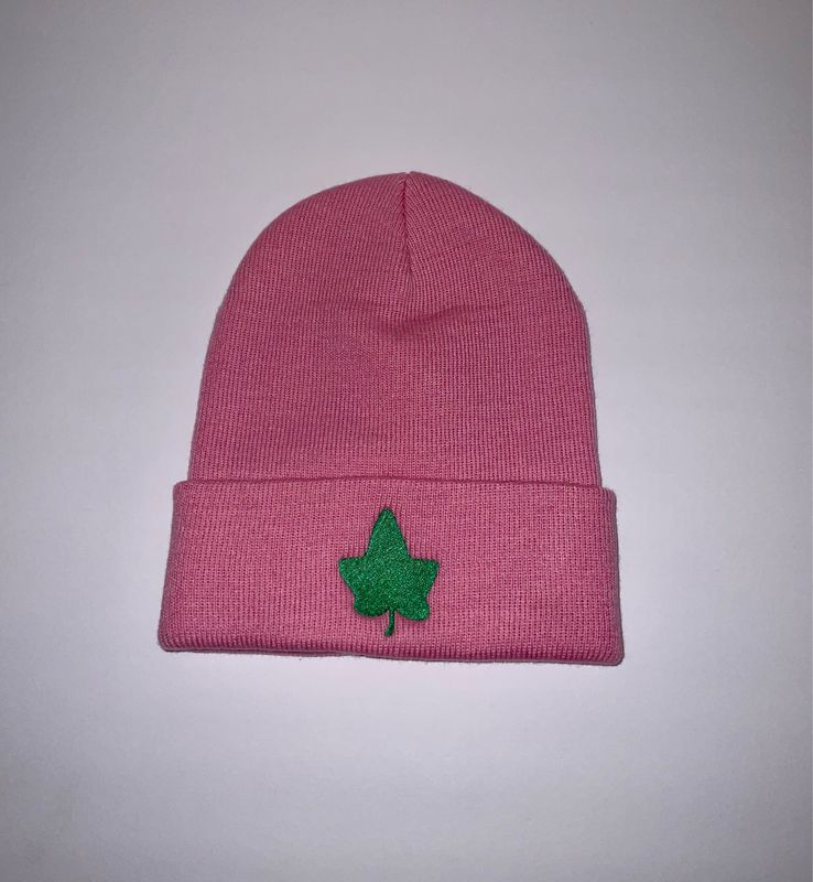 Pink beanie | Green Ivy Embroidery- Customize 