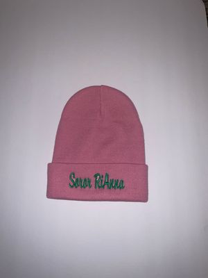 Pink beanie | Green Ivy Embroidery- Customize 