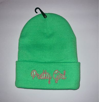Apple Green Pretty Girl Embroidered Beanie