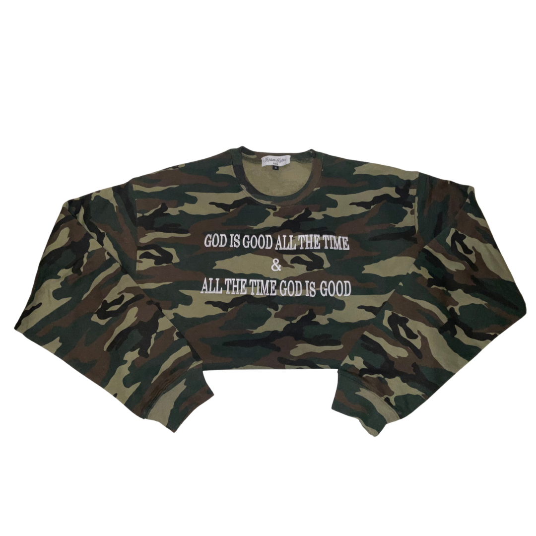 GOD IS GOOD ALL THE TIME CAMOUFLAGE EMBROIDERED SWEATSHIRT 