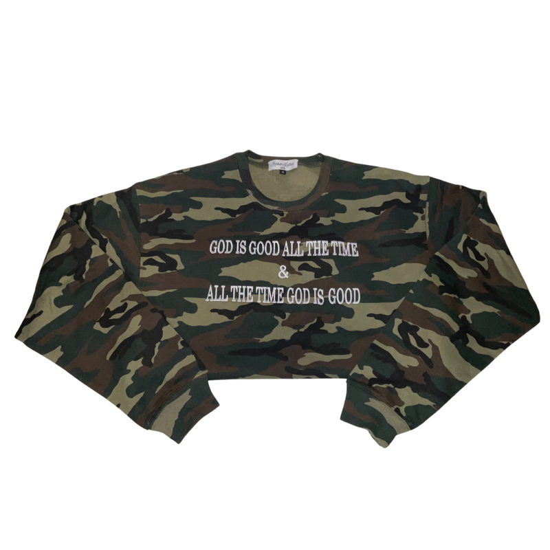GOD IS GOOD ALL THE TIME CAMOUFLAGE EMBROIDERED SWEATSHIRT 