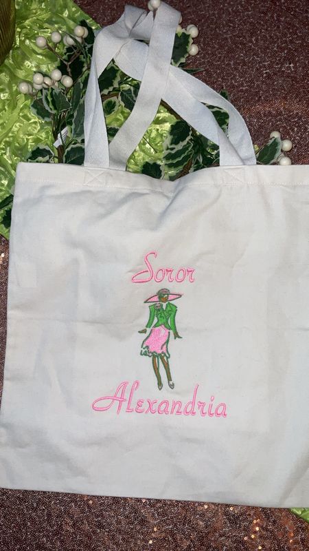 Personalized Embroidered Soror Tote Bag | Pink and Green 