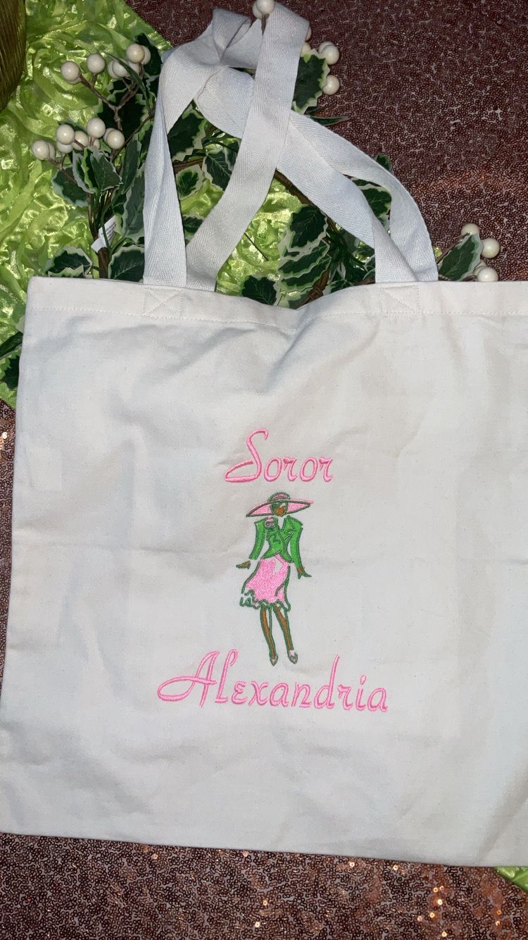 Personalized Embroidered Soror Tote Bag | Pink and Green 