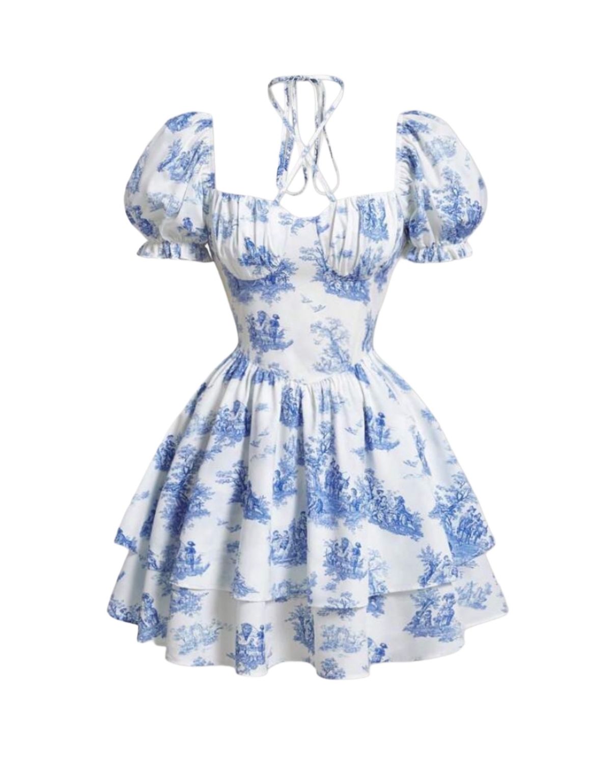 Blue Floral Puff Sleeve Dress