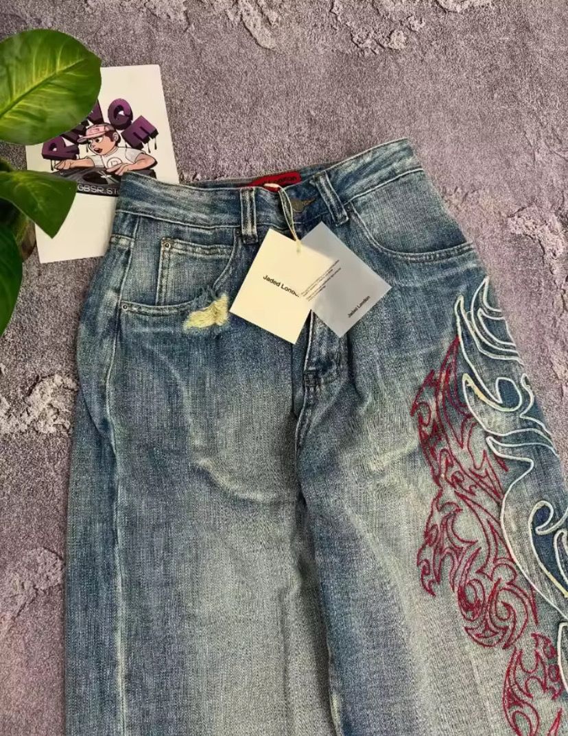 Flame Embroidered Baggy Jeans