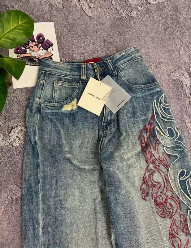 Flame Embroidered Baggy Jeans