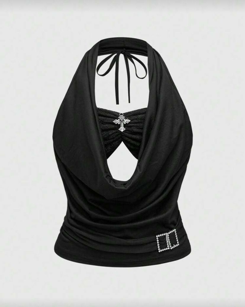 Cross Rhinstone Halter Top